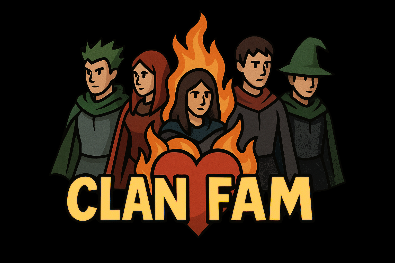a group of characters posing behind the clan fam logo