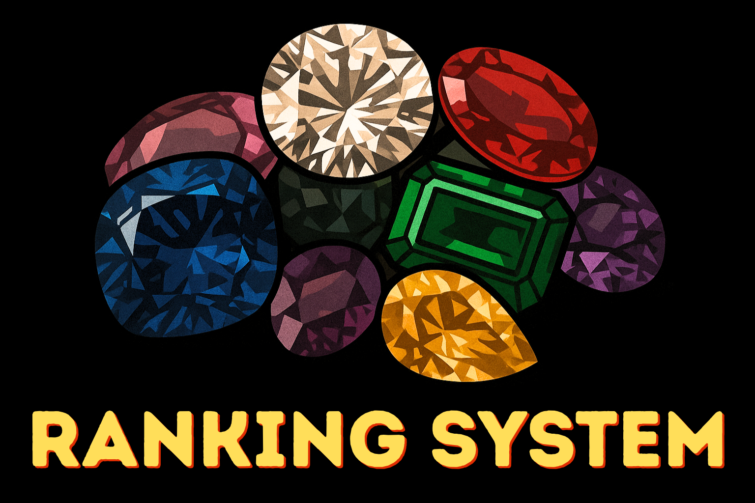 a pile of gems with the text 'ranking system' at the bottom